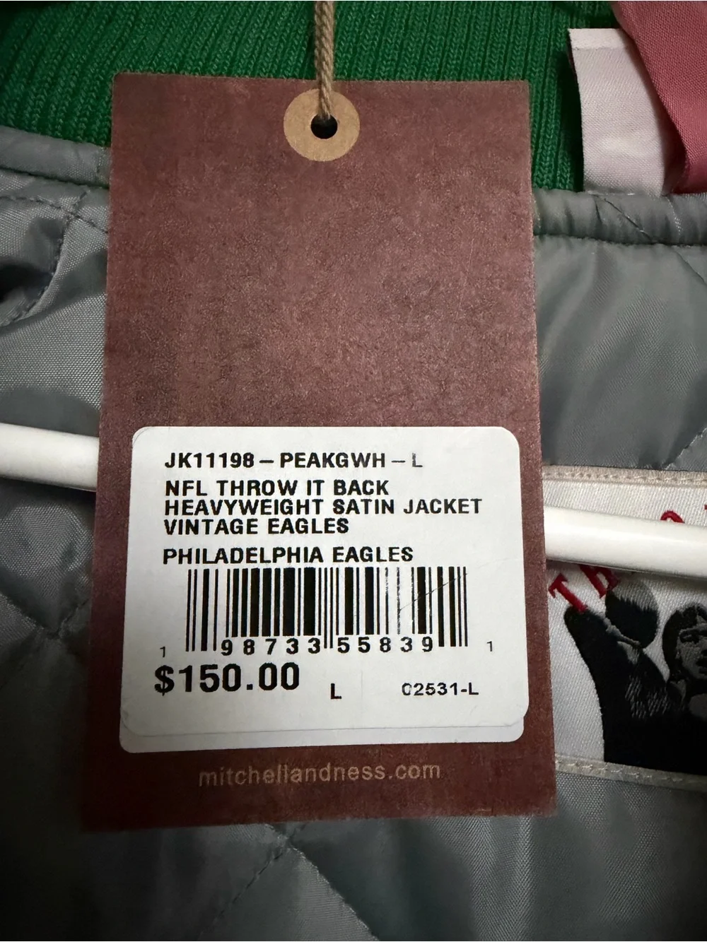Mitchell and Ness Eagles Satin Bomber Jacket - Green/Gray/White New With Tags